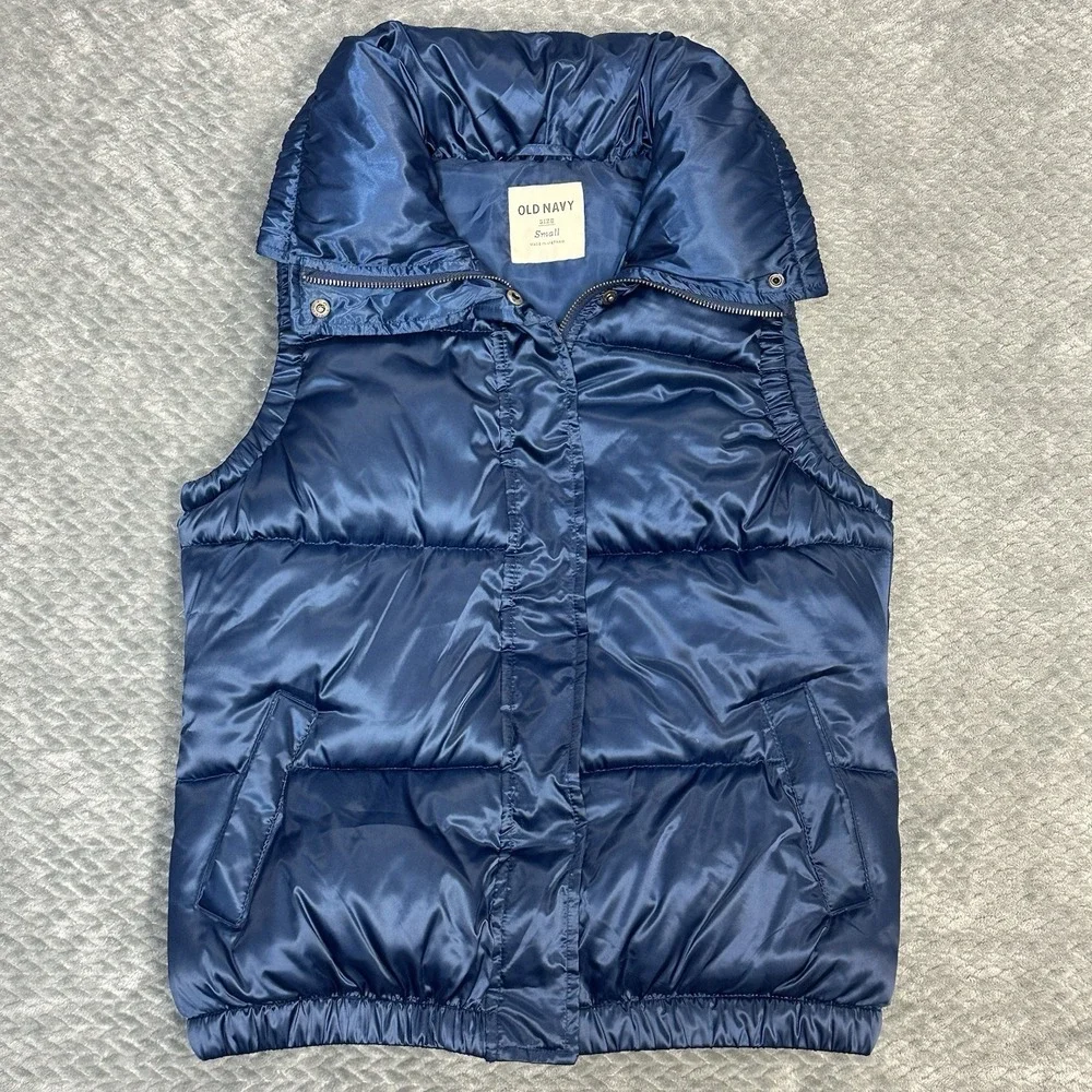 Old Navy Puffer Vest Jacket Womens Size S Blue Full Zipper Sleeveless 100% Nylon